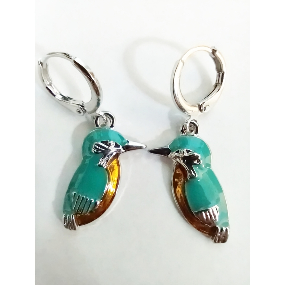 Earrings Birds Blue / Green Golden and Silver. NEW